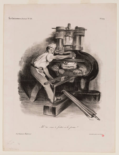 Caricature of worker with hat reading “national” cranking the press and squishing another worker