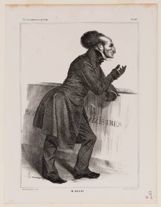Caricature of man in profile wearing overcoat leaning against a wall and gesturing forward