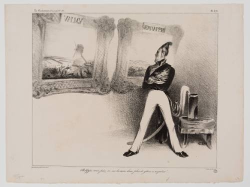 Man in uniform with cone-shaped head staring at artwork with frames reading “VALMY” and “JEMMAPPES”