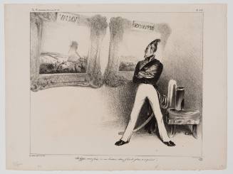 Man in uniform with cone-shaped head staring at artwork with frames reading “VALMY” and “JEMMAPPES”