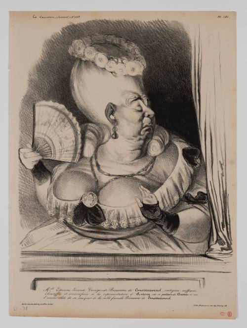 Caricature of woman with ornate hairstyle and low neckline fanning herself and making repulsed face