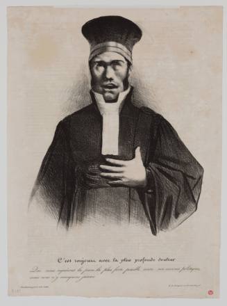 Portrait of a clergyman looking up with mouth open, as if singing or shouting, and hand on stomach 