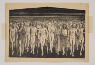 Print with crowd of emaciated, nude people, some who are injured, walking toward viewer
