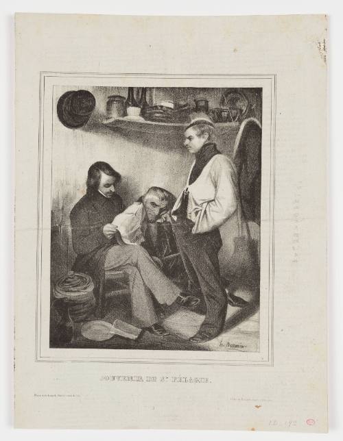 Domestic interior with three men, one reading a newspaper, one sitting on the floor, one standing