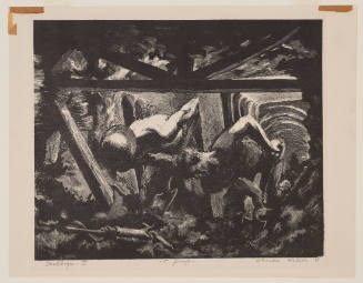 A darkly shaded print of two people digging through a tunnel underground, one is in a hat