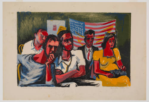 Vibrantly colorful representation of five people seated before an American flag