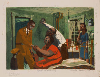Domestic interior with four people with dark skin tones welcoming home person in military uniform