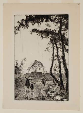Landscape of three people with parasols walking in the rain under trees toward buildings in distance
