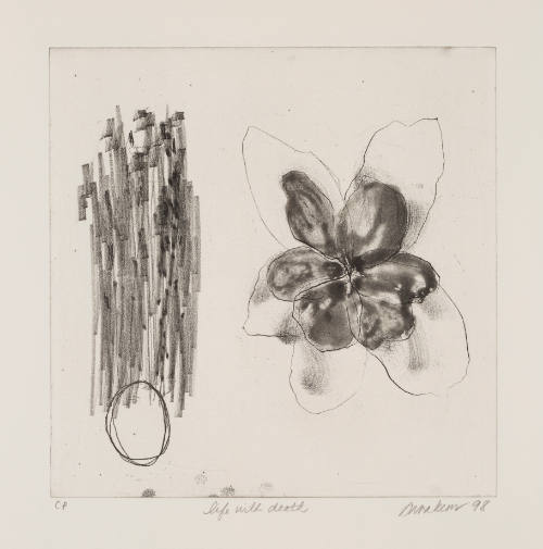 Grayscale print depicting sketchy vertical marks and hollow circle at left, and flower on right