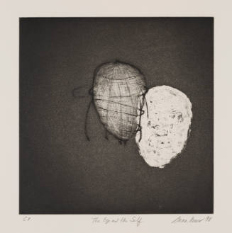 Grayscale print depicting light and dark face-shaped forms against a dark background