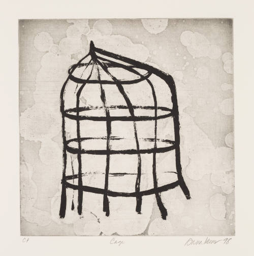 Grayscale print depicting a cage without a base and a background with translucent splotches