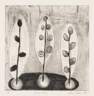 Grayscale print depicting three plants, each with different type of leaf, emerging from globes 