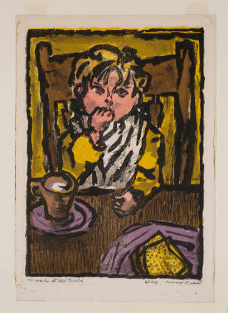 Color lithograph of a blonde child licking his fingers while seated at a dining table