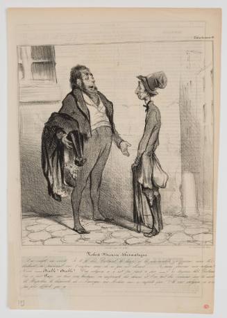 Caricature of rotund man in tailcoat talks to a sullen slim man wearing a hat on a street corner