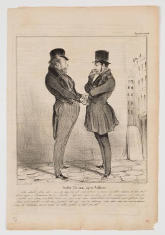 Caricature of men in jackets and tophats gesturing at one another on a cobblestone city street