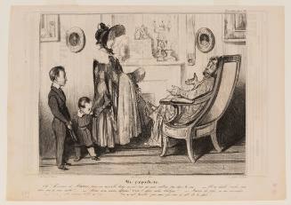 Man in dressing gown seated on armchair gesturing to a pregnant woman standing with three children