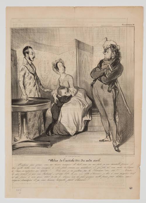 Caricature of man in tailcoat standing with folded arms in front of a man, woman and child