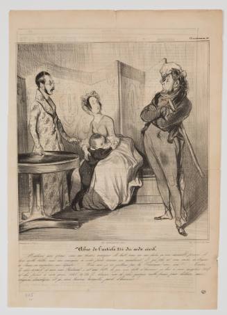 Caricature of man in tailcoat standing with folded arms in front of a man, woman and child