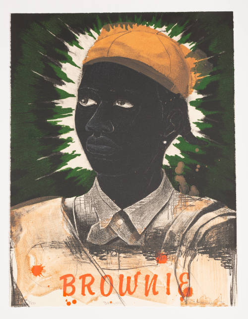 Young dark-skinned person with a halo in a scouting uniform with 'BROWNIE' written in orange