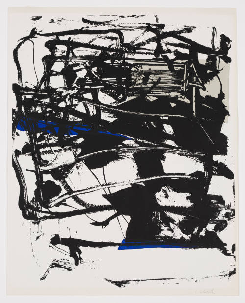 Black gestural brushstrokes of varying intensity with touches of blue and grey