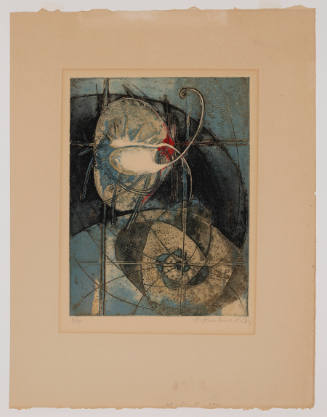 Abstract print with lines forming orb and spiral form with touches of blue, white, and red