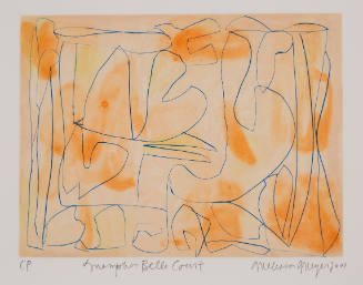 Abstract composition with expressive dark blue lines on orange blotted background