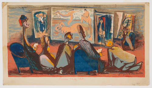 Print with people looking carefully at canvases with paintings of figures rendered in Picasso’s styl