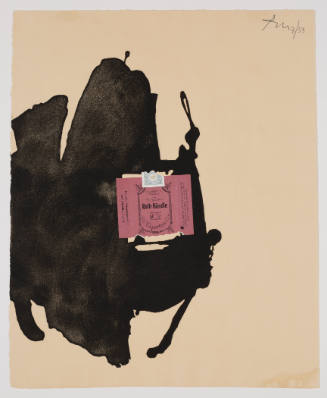 Abstract composition with German cigarette carton on top of blotch of black ink on tan paper