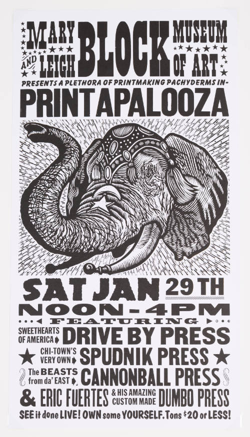 Poster with an elephant’s head surrounded by text about a Block Museum Printapalooza event