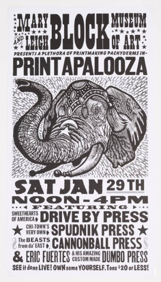 Poster with an elephant’s head surrounded by text about a Block Museum Printapalooza event