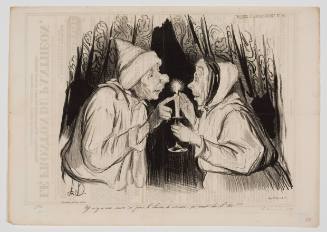 Caricature of two haggard-looking figures in hats and staring into a candle flame, nearly touching i