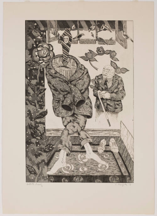 Surreal print with empty clothing posed as standing figure, figure at right, and birds above