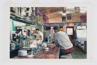 Diner full of reflective surfaces, with two people at the counter and an employee at left