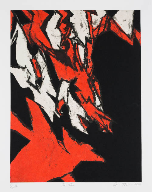 Abstract print with craggy overlapping lines that form red, black, and white shapes