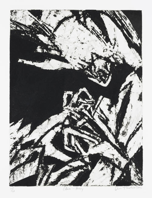 Abstract black-and-white print with craggy overlapping lines that form black and white shapes