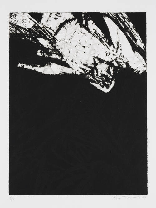 Abstract print that is black in lower two-thirds, with white at top showing through craggy lines