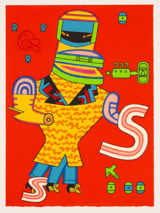 Vibrantly colored three-legged humanoid with robot-like features and sharp edges in a playful style