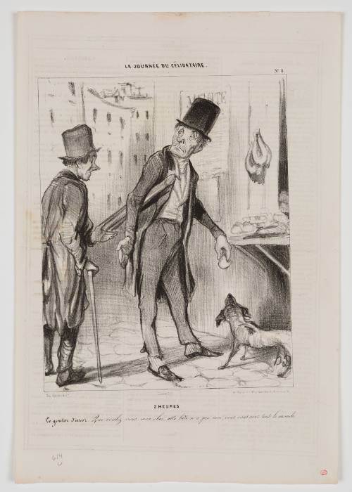 Man in natty tophat and coat feeds a skinny dog as a man in tattered tophat gestures in supplication