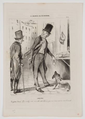 Man in natty tophat and coat feeds a skinny dog as a man in tattered tophat gestures in supplication