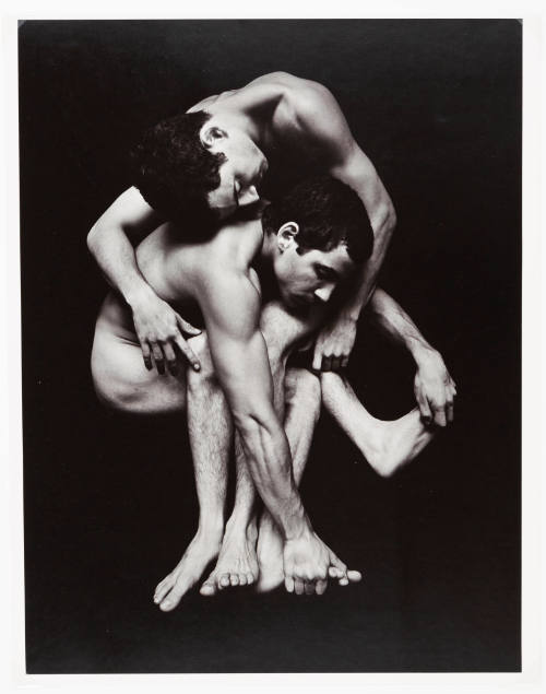 Black-and-white photo of two nude men, crouching forward together with limbs intertwined