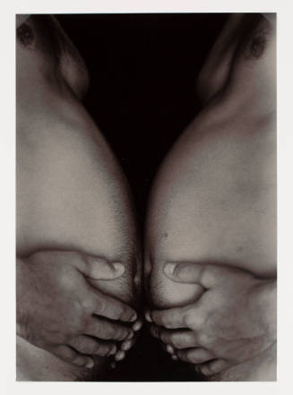 Close-up photo of torsos of two men holding their own bellies, which touch at the navels