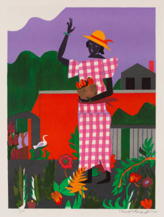 Colorful print of woman with dark skin standing in a garden and wearing a hat and dress 