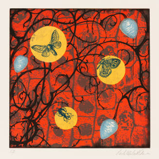 Three circles with insects inside and three cocoon-like shapes on red background with foliage design