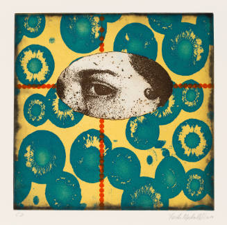 Square print with oval shape enclosing a close-up of human eye on yellow background with blue irises