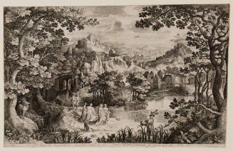 Landscape with small figures and river at the center, surrounded by trees, mountains, and buildings