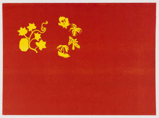 A composition similar to a Chinese flag: yellow silhouettes of flora at upper left of red rectangle