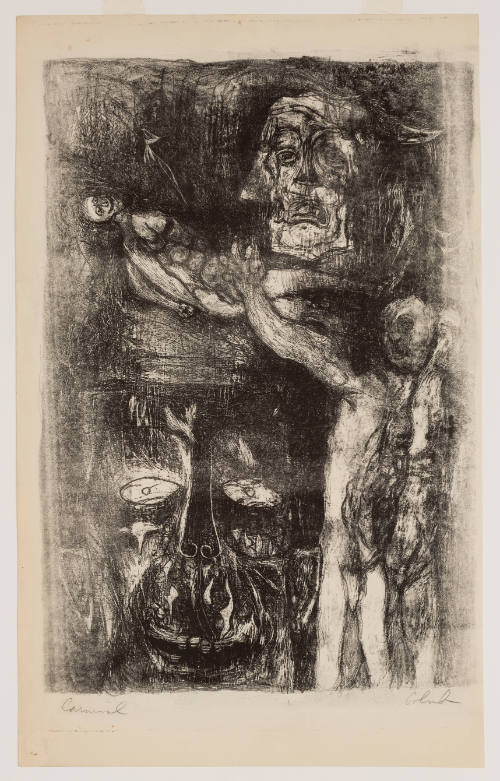 Expressive black-and-white print with two large faces and two nude figures