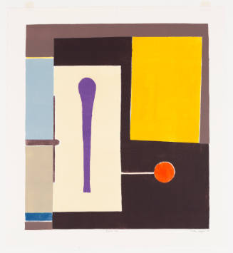 Abstract composition with red circle and purple shape overlapping brown, blue, and yellow rectangles