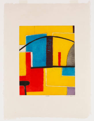 Abstract composition with rectangles in yellow, red, and blue and an intersecting black curving line