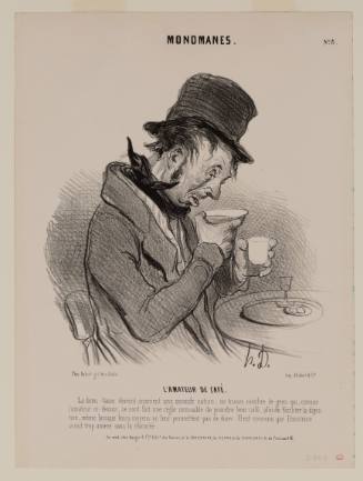 Caricature of an exhausted person in tophat seated at a cafe table slumping over a cup and saucer